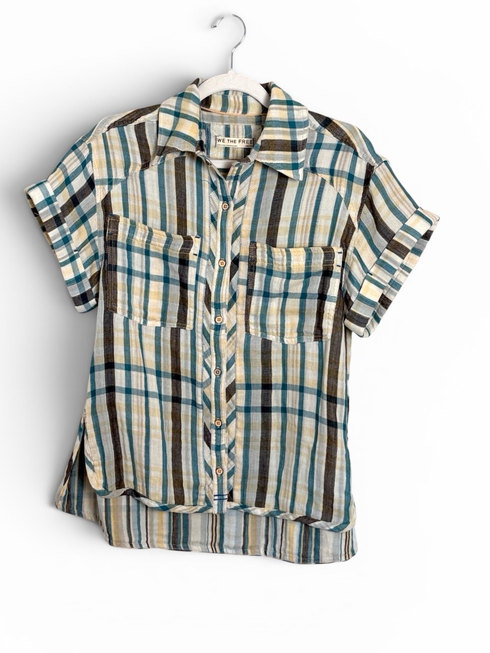 We the Free Free People Firefly Madras Top Cotton Boho Plaid Size XS Oversized